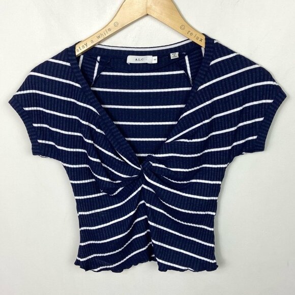 Alc Sabina Blue Striped Crop Top V-Neck White Size XS Stretch Cap Sleeves Tee - Picture 8 of 8